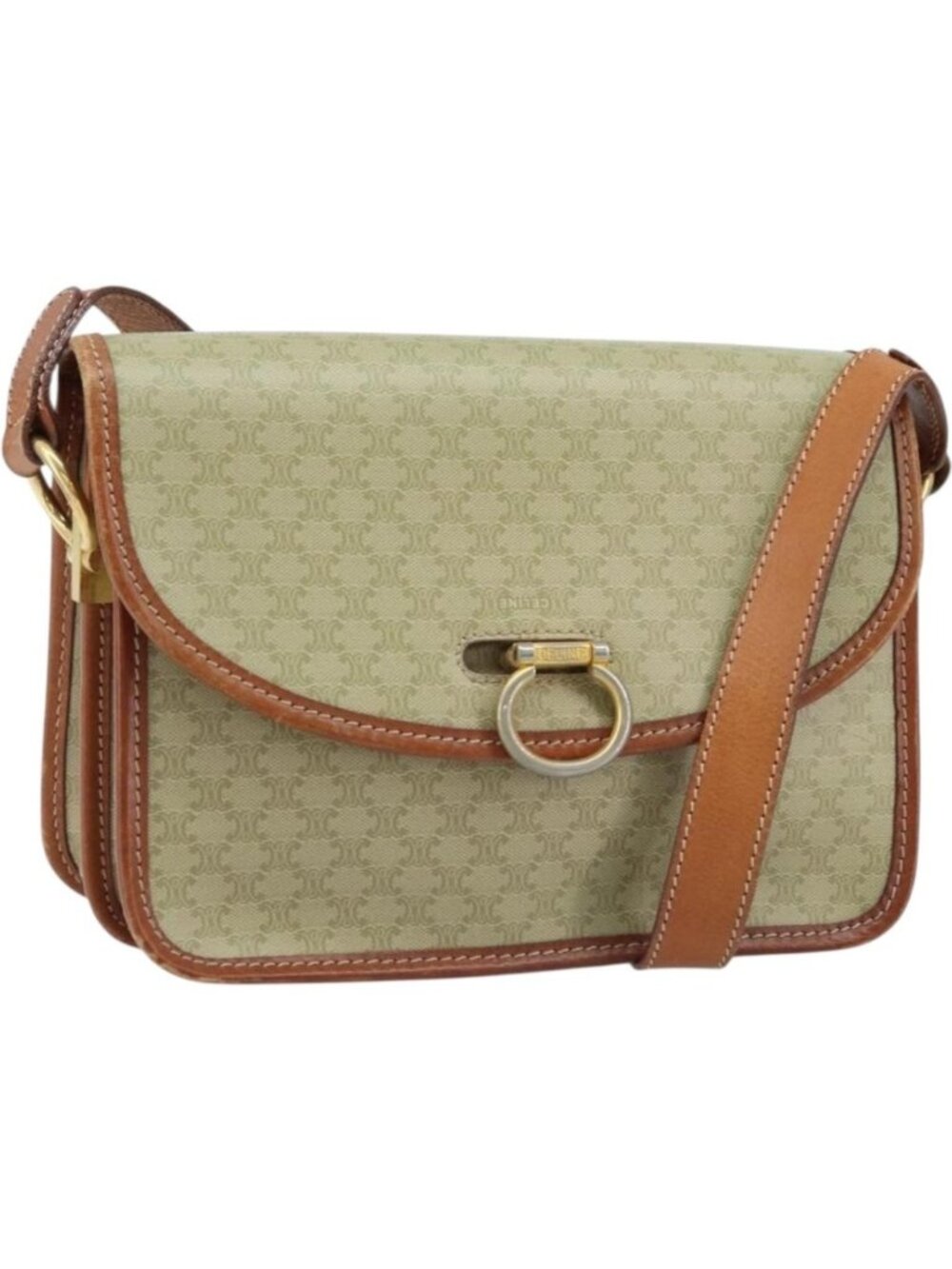 CELINE Macadam Canvas Shoulder Bag PVC Leather Beige Gold